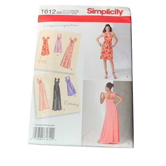 Simplicity 1612 Sewing Pattern Womens Dress Day Evening Styles Sizes 20W-28W - Picture 1 of 2